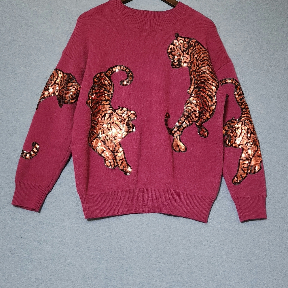 BiBi Pink Crew Neck Sweater with Sequined Tigers